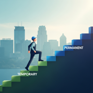 Illustration showing career progression from temporary to permanent employment with Minneapolis skyline representing Minnesota job market