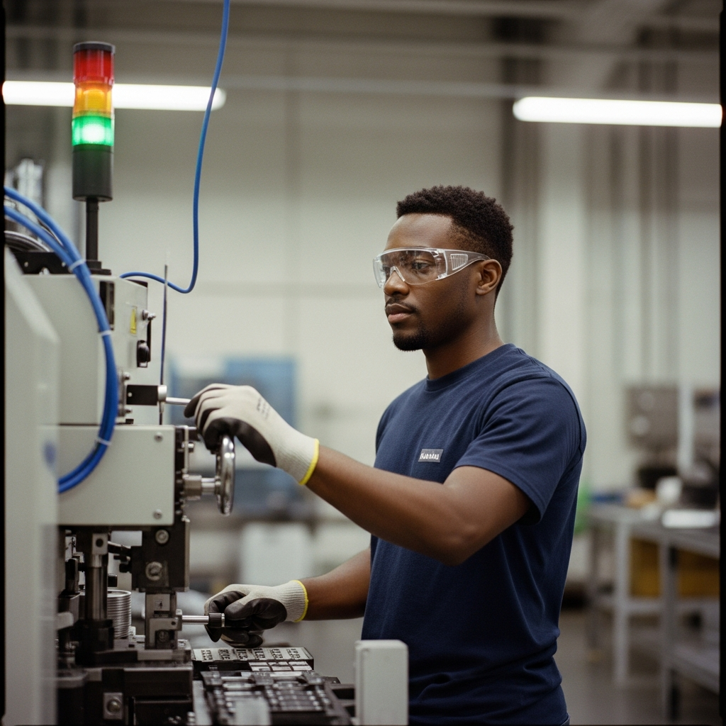 Confident manufacturing worker operating machinery representing light industrial temp-to-hire opportunities in Minnesota