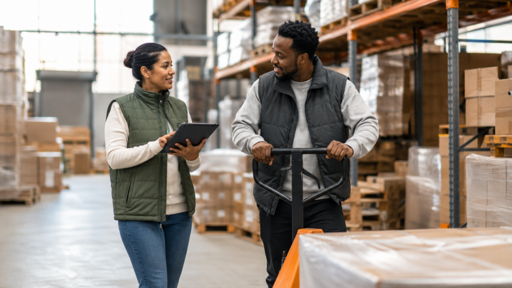 Minneapolis warehouse manager reviewing a light industrial temp-to-hire worker's performance on the floor