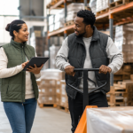 Minneapolis warehouse manager reviewing a light industrial temp-to-hire worker's performance on the floor