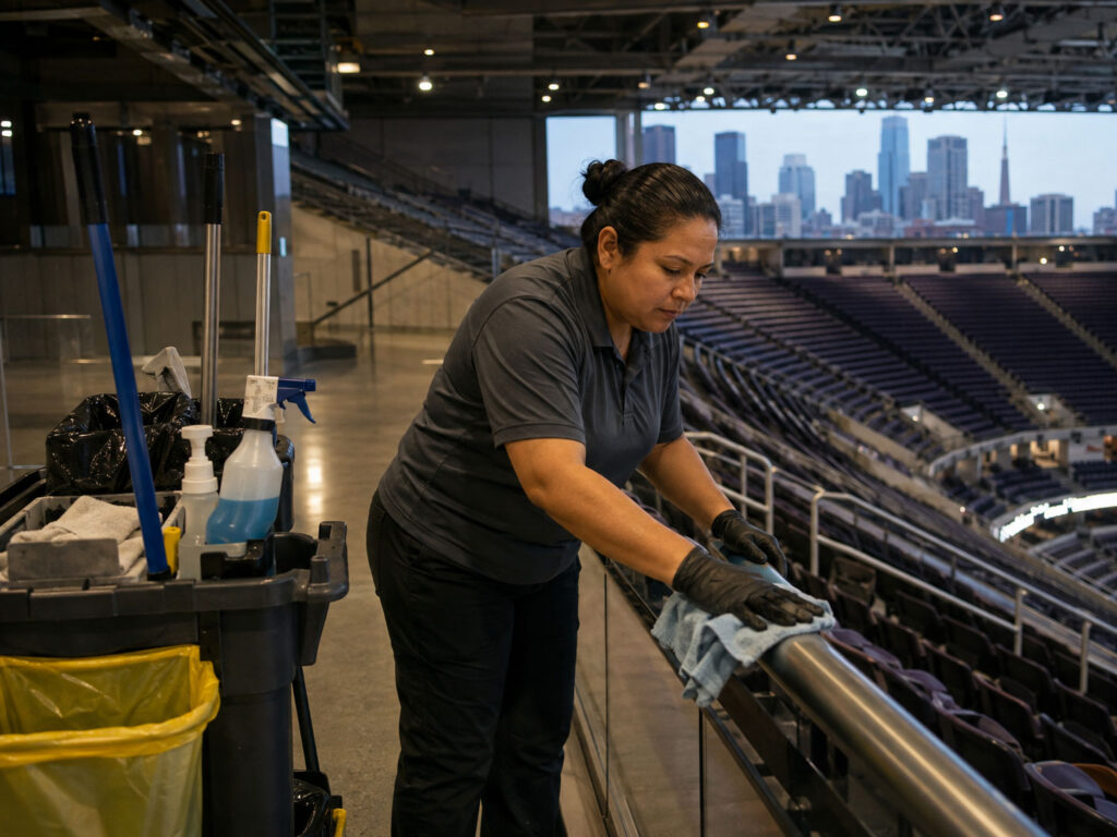 Northland Staffing cleaning crew member working a Minneapolis stadium concourse after an event