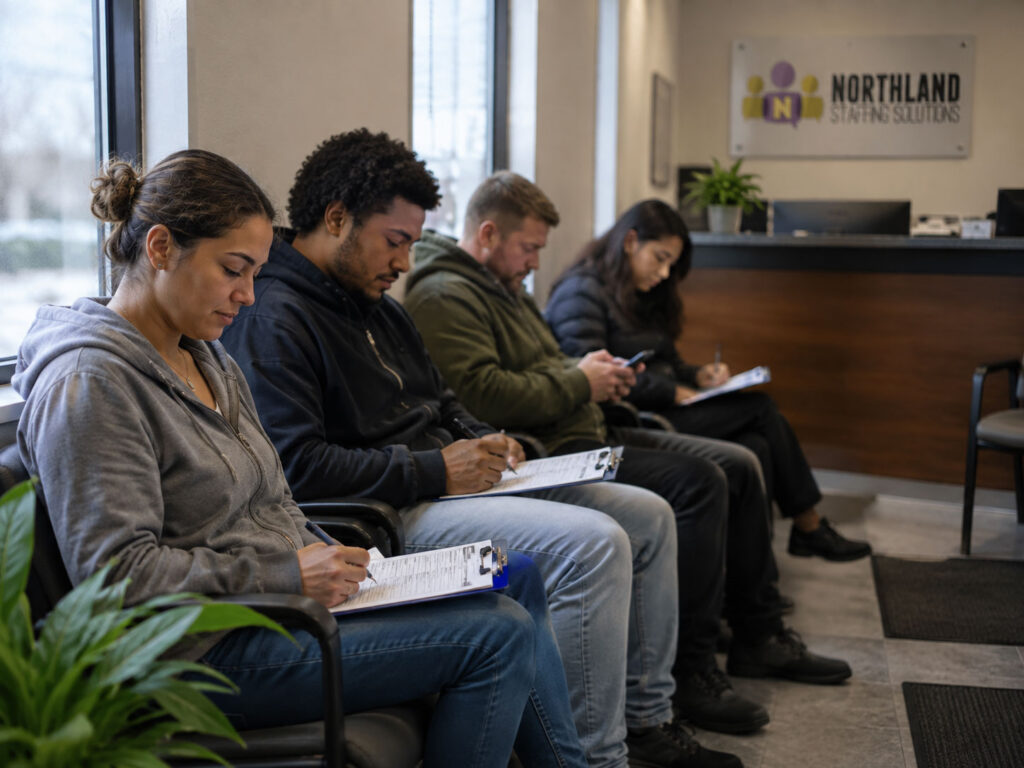 Job seekers waiting in the lobby of Northland's Minneapolis temp agency office