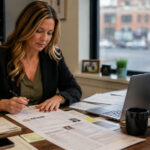 Recruiter at a Minneapolis temp agency reviewing a candidate's background check paperwork before a placement