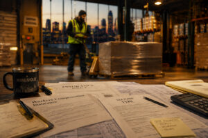 Warehouse worker operating a pallet jack on a Minneapolis warehouse floor, with a faint translucent layer beneath the floor suggesting payroll and insurance documentation running underneath the work.