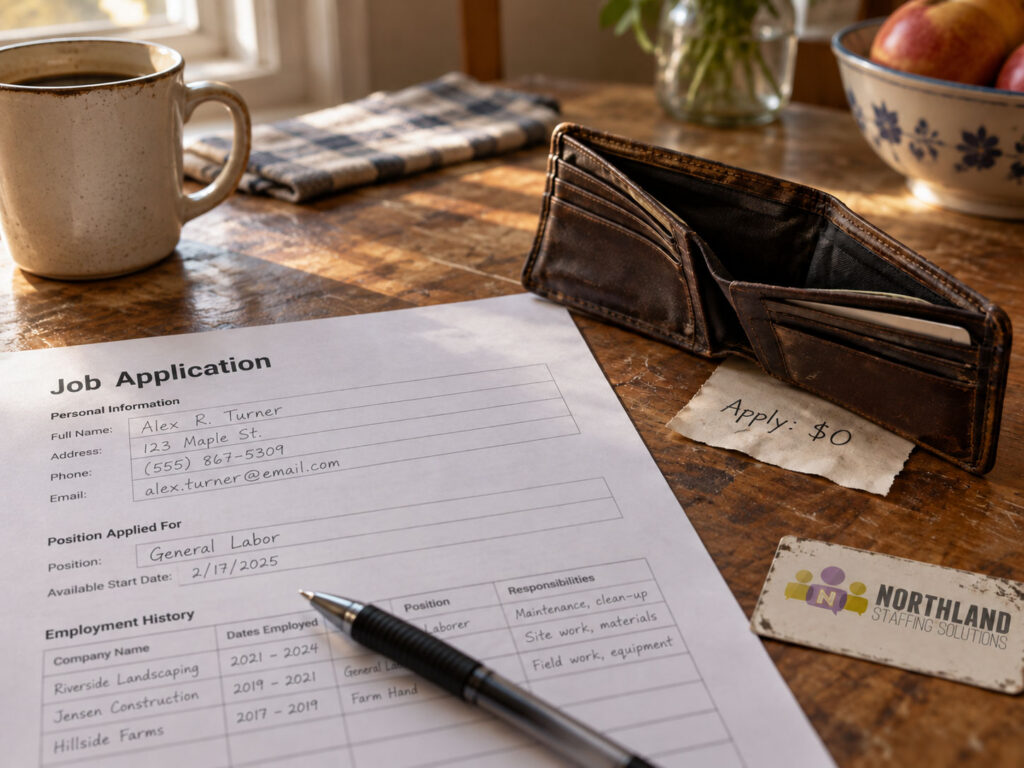 A completed job application beside a near-empty wallet on a kitchen table, a handwritten note reading "Apply: $0" tucked underneath.