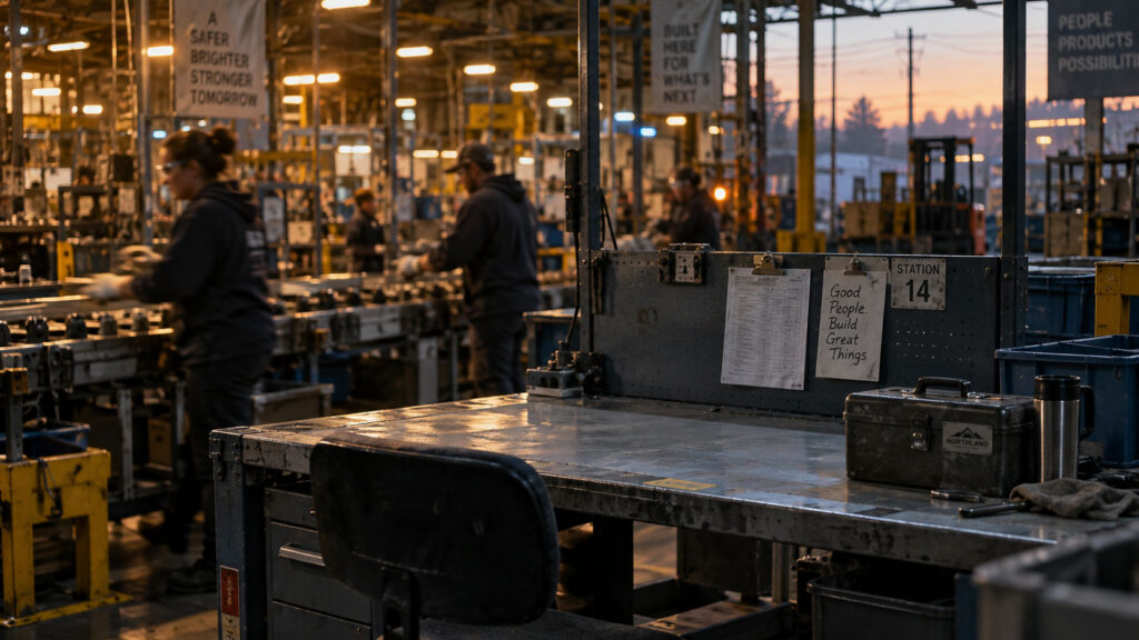 An empty workstation and Northland-branded toolbox in the foreground of a busy warehouse line at dawn.